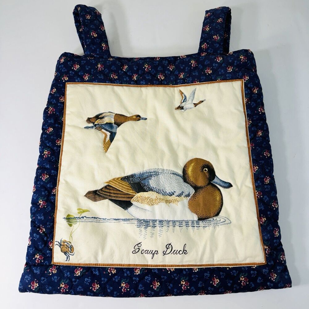 Vtg Quilted Tote Bag Purse Scaup Duck Crab Wildlife Floral Blue Shoulder Straps